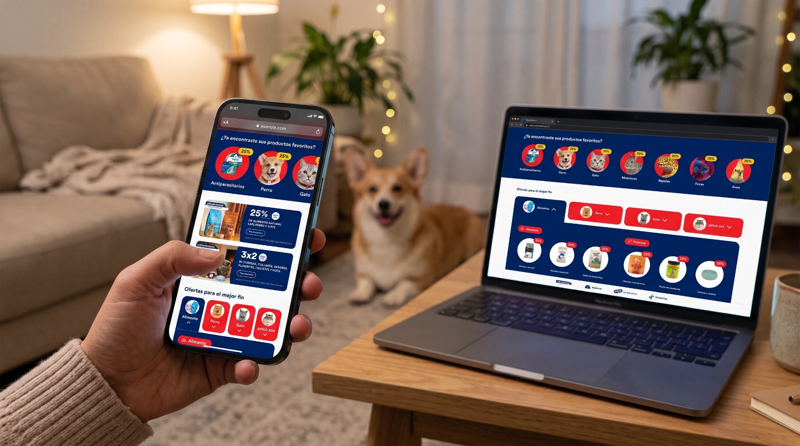 Una laptop y un celular en una sala muestran el Home de campaña. En el celular, el carrusel de mascotas con badges de 25%, las cards de 25% en alimento natural y 3x2 en accesorios, y el Category Drop. En la laptop, la misma fila de mascotas y el drop abierto en Alimento con sus productos en descuento.