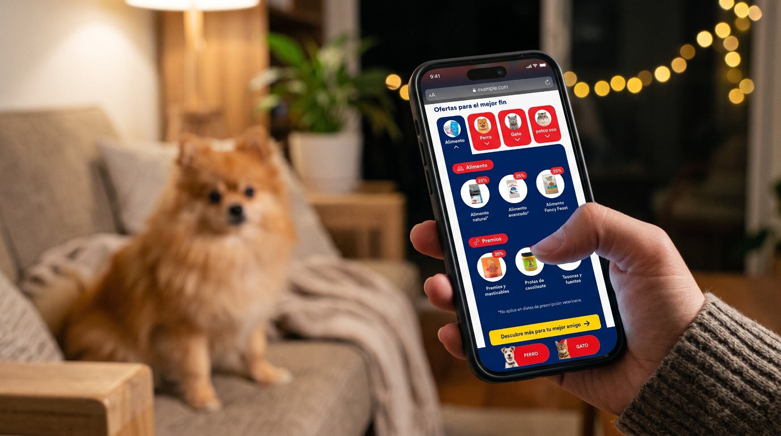 Primer plano del Category Drop en un celular, abierto en la pestaña Alimento: los grupos Alimento y Premios con sus círculos y badges de 25%, la nota de que no aplica en dietas de prescripción veterinaria, el botón amarillo «Descubre más para tu mejor amigo» y, al pie, los accesos fijos de Perro y Gato.