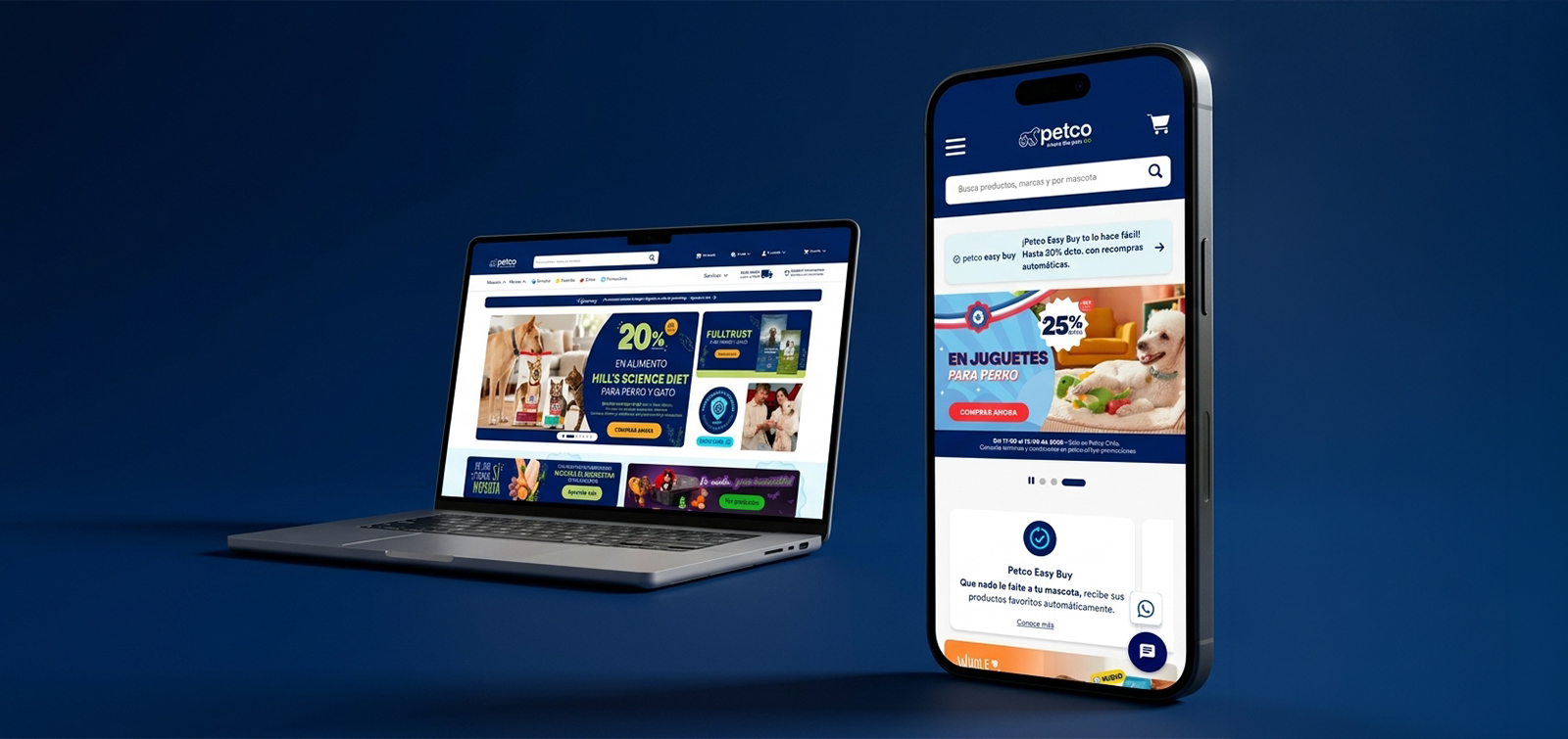 Mockup del Home de petco.cl en una laptop y un celular: en la laptop, el showcase con sus dos laterales fijos; en el celular, la barra de Petco Easy Buy, el carrusel con control de pausa y la tarjeta de propuesta de valor.