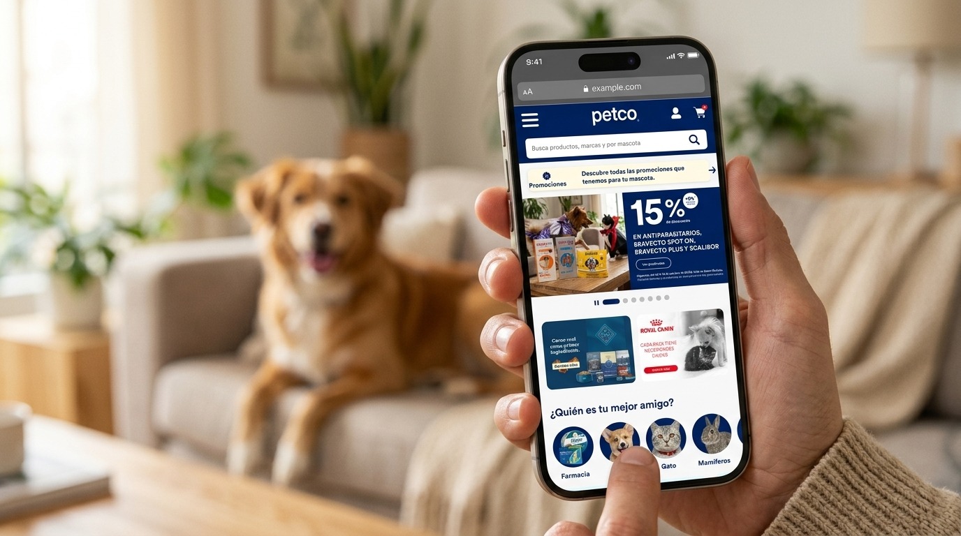 Una mano sostiene un celular con el Home de Petco México: el snackbar de Promociones, el showcase con 15% de descuento en antiparasitarios y su control de pausa, dos banners de marca y el inicio del selector «¿Quién es tu mejor amigo?» con Farmacia, Perro, Gato y Mamíferos. Al fondo, un perro en un sillón.