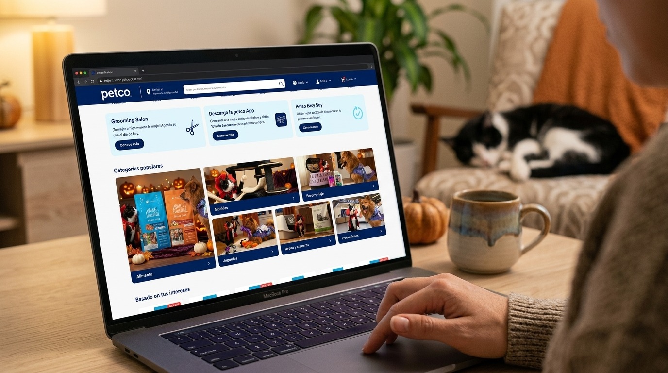 El Home de Petco México en una laptop: las tres cards de bienvenida, Grooming Salon, la petco App con 10% en la primera compra y Petco Easy Buy, y debajo el bento de Categorías populares, con el tile grande de Alimento junto a Muebles, Juguetes, Arena y areneros, Hogar y viaje, y Promociones.