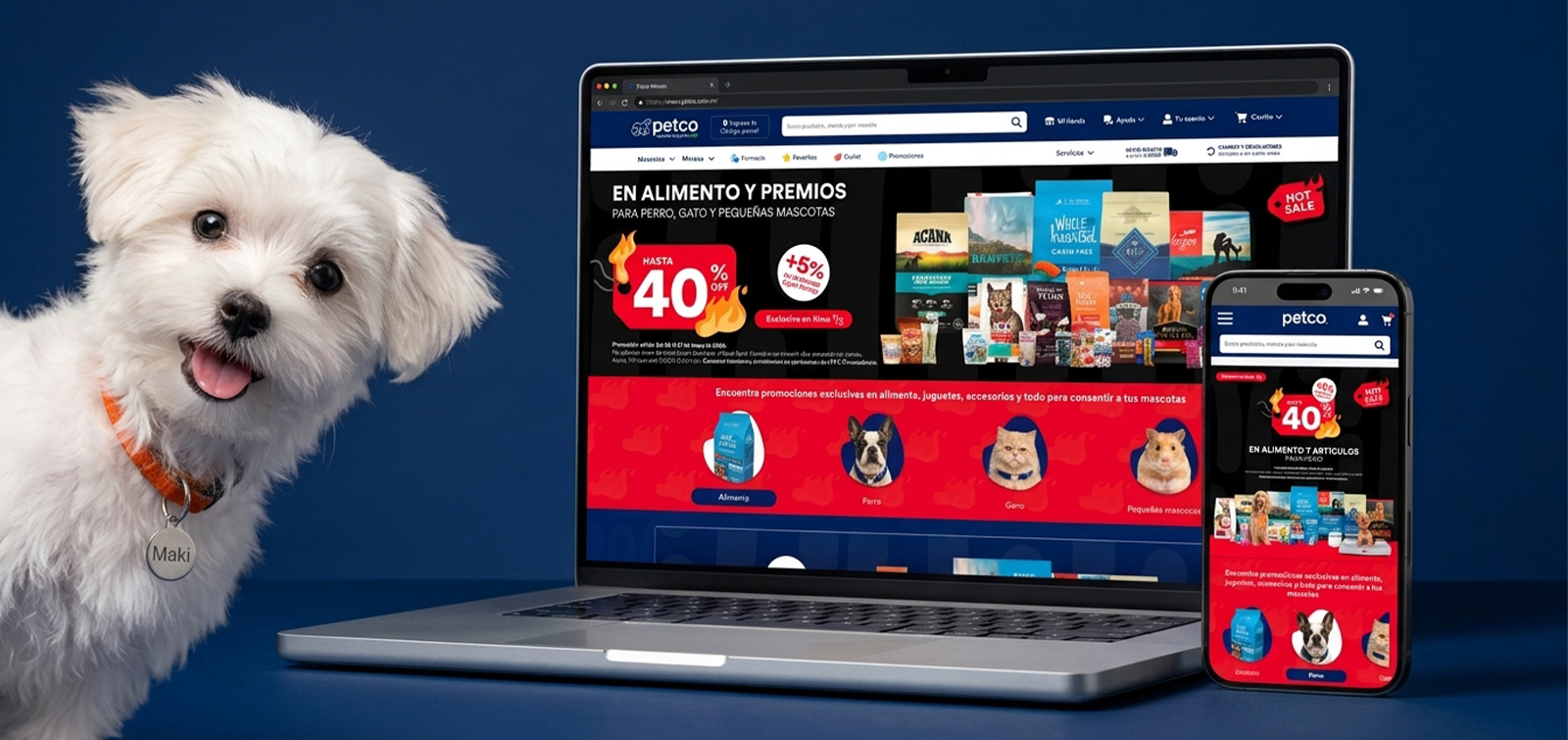 Mockup de la landing de Hot Sale 2026 de Petco México en una laptop y un celular: hero «Hasta 40 % en alimento y premios» y el switcher de mascota; a la izquierda, un perro blanco con collar naranja.