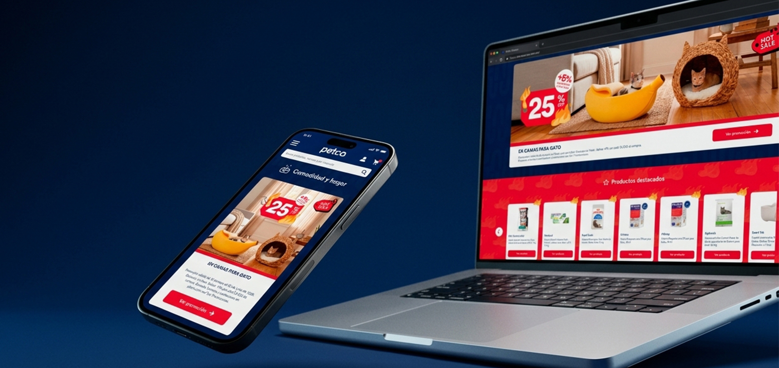 Mockup de un bloque de la landing de Hot Sale en celular y laptop: banner de 25 % en camas para gato con su botón «Ver promoción» y, debajo, la banda roja de productos destacados en carrusel.
