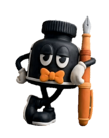 Personaje ilustrado: un tintero con moño naranja apoyado en una pluma fuente